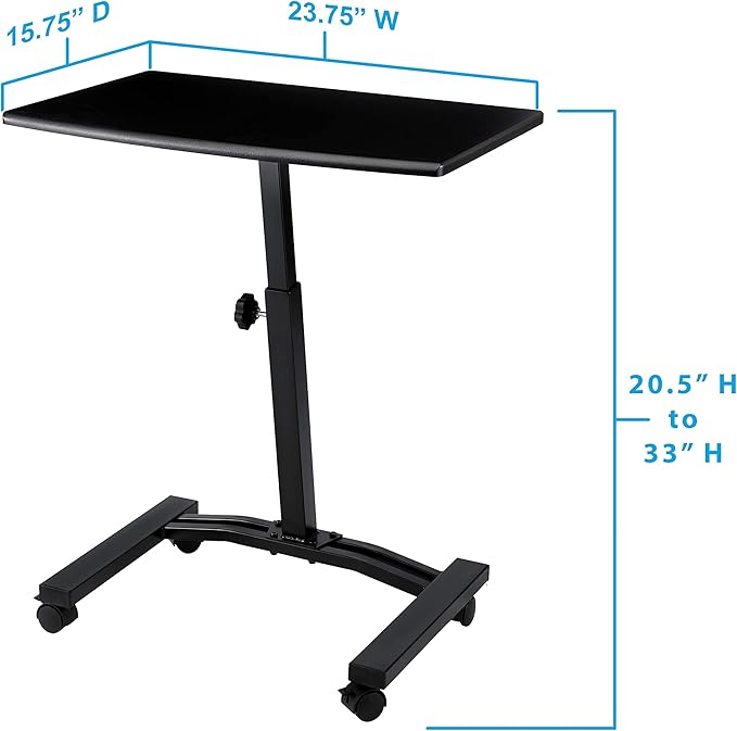 Seville Classics Airlift Mobile Height Adjustable Laptop Stand Computer Workstation for Sitting Classroom Home Office Medical Table w/Wheels, Flat Desk 24", Black