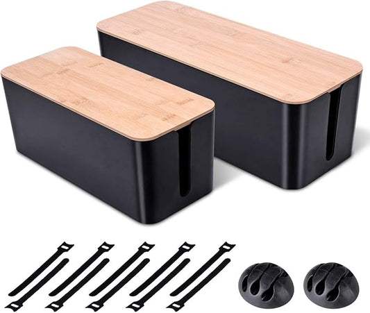 2 Pack Large Cable Management Box – Wooden Style Cord Organizer Box and Cover for TV Wires, Computer, Router, USB Hub and Under Desk Power Strip – Safe ABS Material and Baby-Pets Proof Lock (Black)