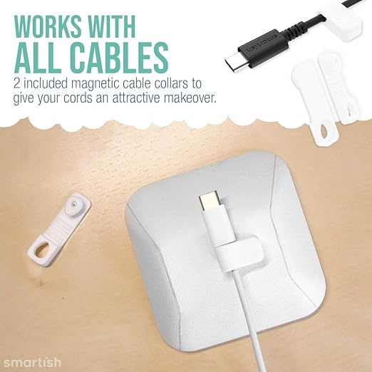 Smartish Magnetic Cord Holder - Cable Wrangler Organizer with Magnet Clips for Charger Management on Desktop, Nightstand, or Side Table for All Cables, USB-C, Lightning Cables - Snow Day White