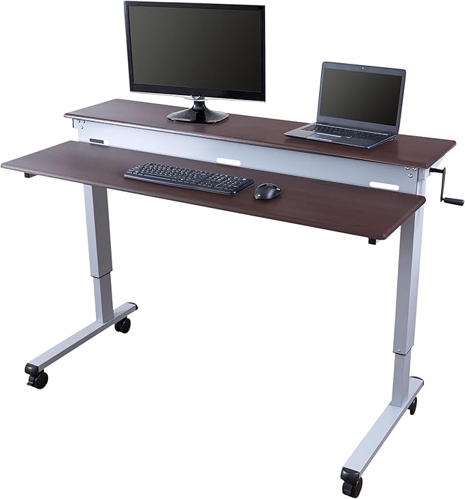 S STAND UP DESK STORE Crank Adjustable 2-Tier Standing Desk with Heavy Duty Steel Frame-Silver Frame/Dark Walnut Top, 60 inch Wide