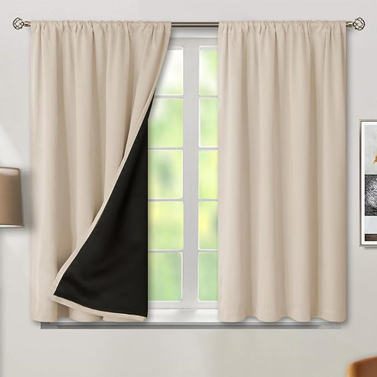 BGment Short Blackout Curtains for Bedroom, Thermal Insulated Full Room Darkening Soundproof Rod Pocket Bedroom Small Window Curtains 45 Inch Length, 2 Panels，Each Panel 42 Inch, Champagne