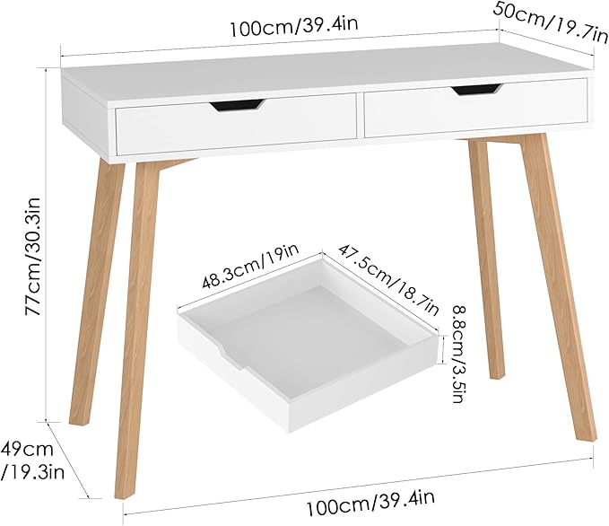 FOTOSOK White Computer Writing Desk with 2 Drawers, Small Desk Makeup Vanity Table Wood Desk with 4 Oak Legs, Modern Home Office Desk Console Study Table