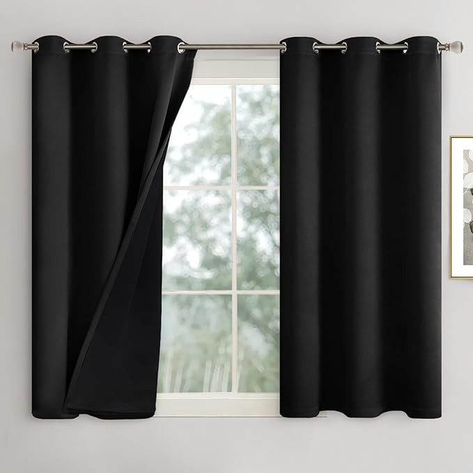 Short Blackout Curtains 54 Inch Length 2 Panels, 100% Light Blocking Thermal Insulated Soundproof Grommet Small Window Curtains for Bedroom Basement with Liner, Each 42 Inch Wide, Black