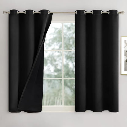 Short Blackout Curtains 45 Inch Length 2 Panels, 100% Light Blocking Thermal Insulated Soundproof Grommet Small Window Curtains for Bedroom Basement with Liner, Each 42 Inch Wide, Black