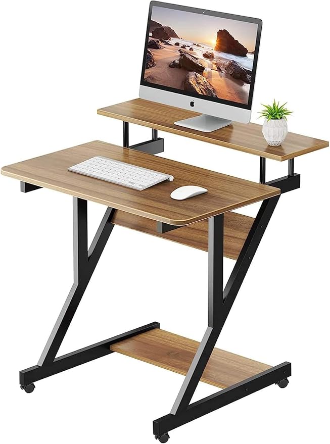 Dripex Computer Desk for Small Spaces, Z Shaped Small Computer Desk, 27.5 inch Compact Desk with Monitor Shelf and Bottom Storage Shelves, Space Saving Desk, Walnut