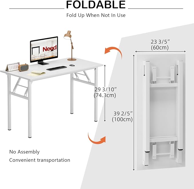 Need Folding Desk for Home Office 39-3/8" Length Modern Folding Table Computer Desk No Install Needed White Color Desktop White Frame AC5DW(100 * 60)