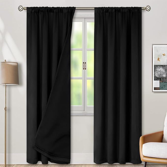 BGment Black Blackout Curtains for Bedroom 90 Inch Length, Rod Pocket 100% Blackout Curtains with Thermal Liner Room Darkening Curtains for Living Room, Each Window Curtains 2 Panels, 52 x 90 Inch