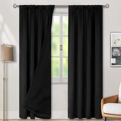 BGment Black Blackout Curtains for Bedroom 90 Inch Length, Rod Pocket 100% Blackout Curtains with Thermal Liner Room Darkening Curtains for Living Room, Each Window Curtains 2 Panels, 52 x 90 Inch