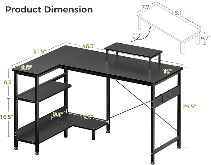 ODK 47 Inch Small L Shaped Computer Desk with Reversible Storage Shelves, L-Shaped Corner Desk with Monitor Stand for Small Space, Modern Simple Writing Study Table for Home Office Workstation, Black