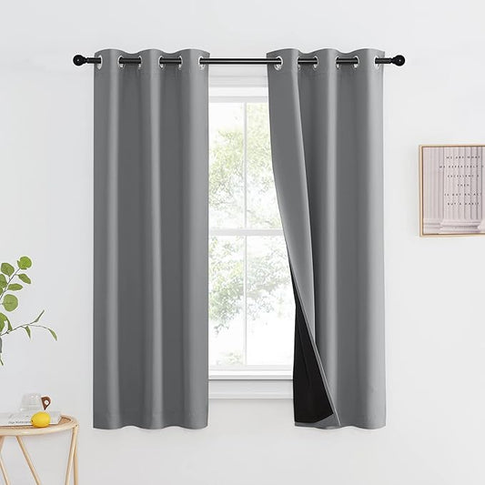 NICETOWN 100% Blackout Curtain with Black Liner, Thermal Insulated Full Blackout 2-Layer Lined Drape, Energy Efficiency Window Drapery for Bedroom (Silver Grey, 1 Panel, 37-inch W by 63-inch L)