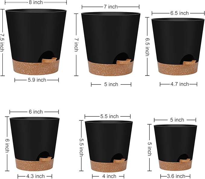 Indoor Self Watering Planters with Drainage Holes and Saucers, 8, 7, 6.5, 6, 5.5, 5 Inches, Black, 6 Pots