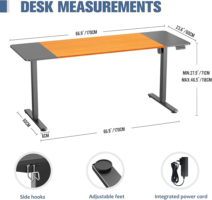 Electric Standing Desk, 67" x 23.6" Height Adjustable Sit Stand Desk with Splice Board for Home Office, Computer Desk Memory Preset (Black Frame, Black & Cherry Desktop)