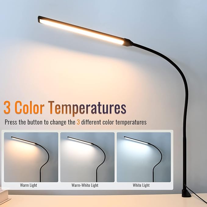 LED Desk Lamp with Clamp, Clamp Light, Tall Desk Lamp with Long Gooseneck, 11W, 850 LMS, 3 Color Modes, 10 Brightness Levels, Eye-Caring, Clip on Desk Light for Reading, Home, Office