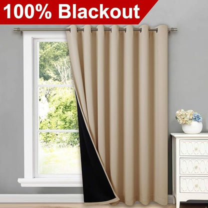 NICETOWN 100% Blackout Thermal Insulated Curtain, Noise Reducing Slider Curtain Panel with Black Lining, Full Light Blocking Patio Door Drapery (1 PC, 100-inch x 95 inches, Light Taupe=Biscotti Beige)