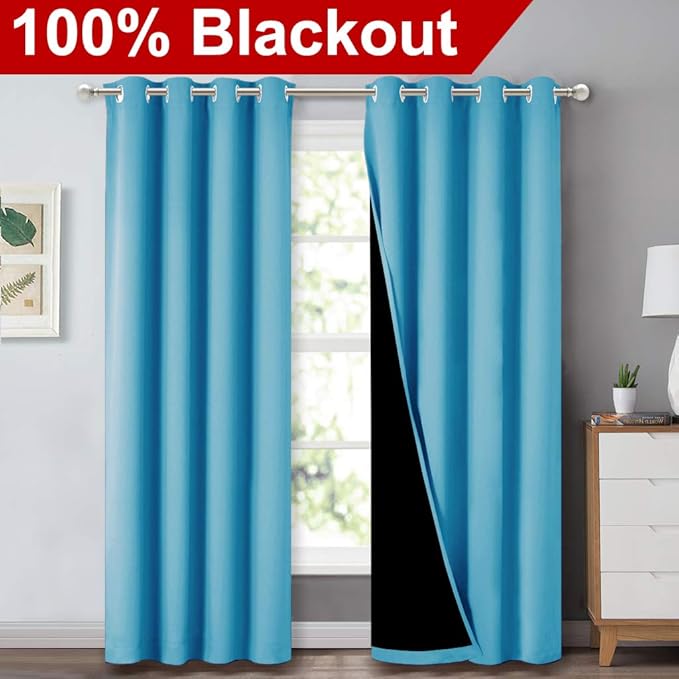 NICETOWN 100% Blackout Curtains 84 inches Long, Pair of Energy Smart & Noise Blocking Out Drapes for Baby Room Window, Thermal Insulated Guest Room Lined Window Dressing(Teal Blue, 52 inches Wide)