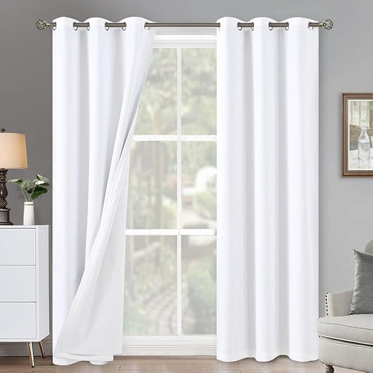 White Blackout Curtains 84 Inch Length 2 Panels Set for Living Room, Thermal Insulated 100% Light Blocking Soundproof Grommet Window Curtains for Bedroom with White Liner, Each 42 Inch Wide