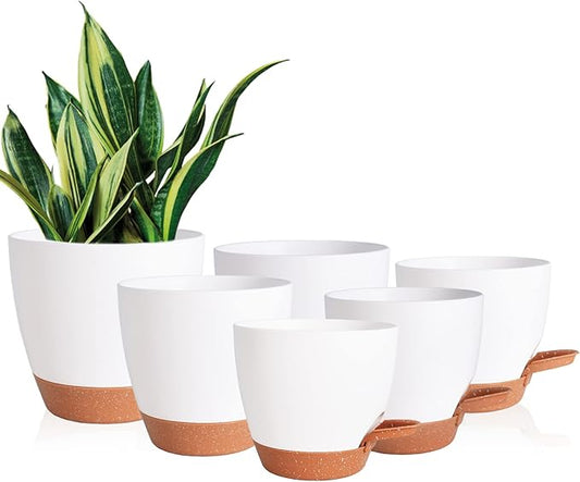 Flower Pots, 8/7/6.5/6/5.5/5 Inch Self Watering Planters for Indoor Outdoor Plants with Drainage Hole, Plastic Planters for House Plants(White)