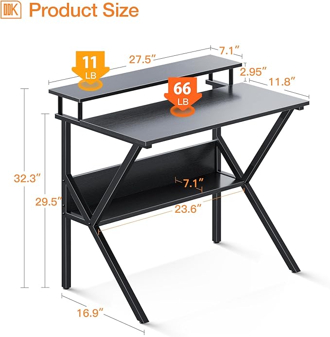 ODK Small Computer Desk, 27.5 Inch, Compact Tiny Study Desk with Storage and Monitor Stand for Home Office, Small Spaces, Black