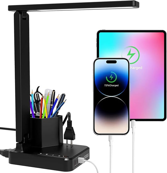 COZOO LED Desk Lamp with 3 USB Charging Ports,1 AC Outlet,2 Pen Holders,3 Color Temperatures 3 Brightness LevelsTouch/Memory/Timer Function,10W Eye Protection Foldable Reading Light,College Study Lamp