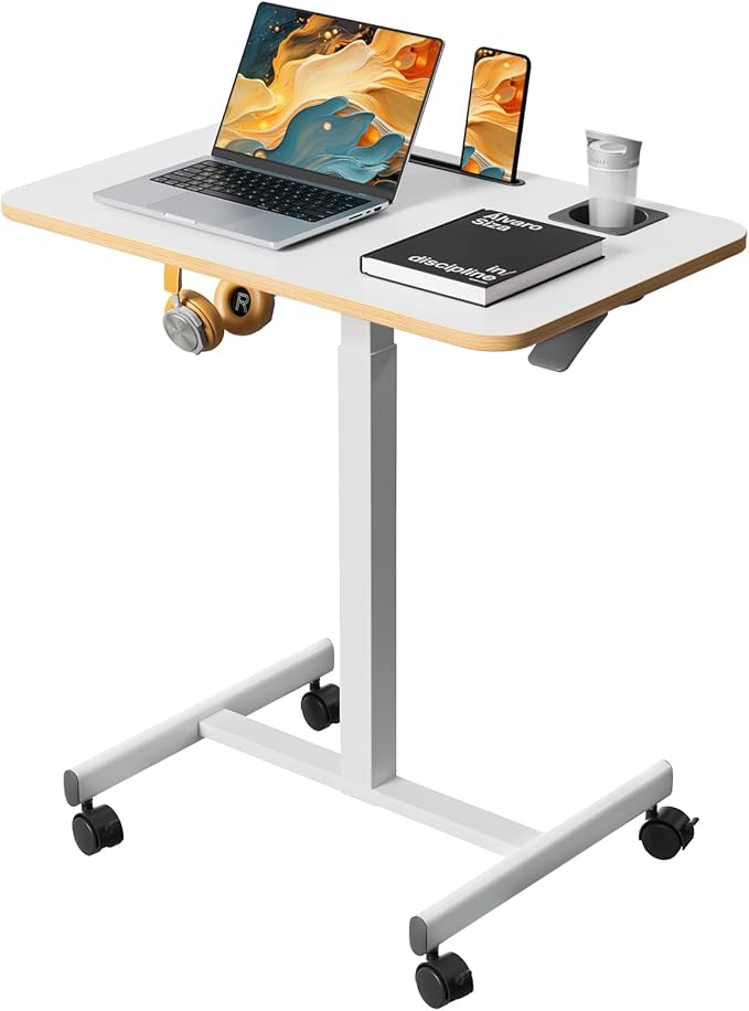 Mobile Standing Desk, Rolling Laptop Desk Adjustable Height with Cup Holder, 28 inch Portable Desk Workstation with 4 Lockable Wheels, White Desk with Hook and Slots for Home Office