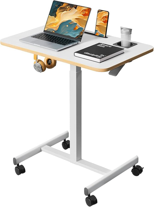 Mobile Standing Desk, Rolling Laptop Desk Adjustable Height with Cup Holder, 28 inch Portable Desk Workstation with 4 Lockable Wheels, White Desk with Hook and Slots for Home Office