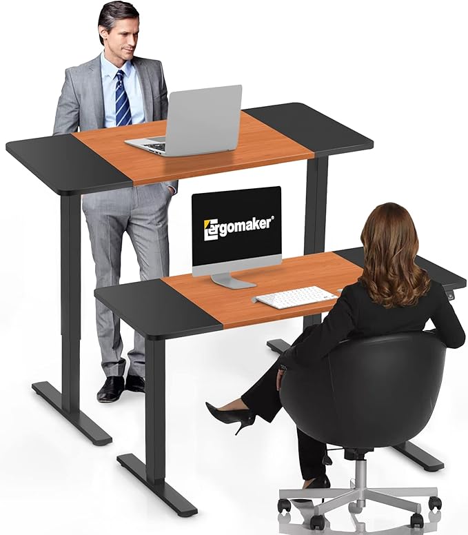 Electric Standing Desk, 55" x 23.6" Height Adjustable Sit Stand Desk with Splice Board for Home Office, Computer Desk Memory Preset (Black Frame, Black & Cherry Desktop)