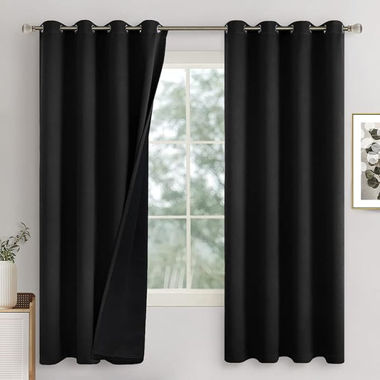 Black Blackout Curtains for Bedroom 63 Inch Length 2 Panels, Thermal Insulated 100% Light Blocking Soundproof Grommet Window Curtains for Living Room with Liner, Each 52 Inch Wide