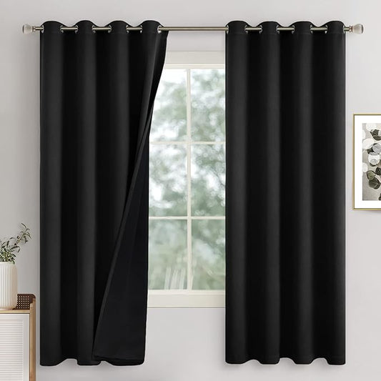 Black Blackout Curtains 72 Inch Length 2 Panels for Living Room, Thermal Insulated 100% Light Blocking Soundproof Grommet Window Curtains for Bedroom with Liner, Each 52 Inch Wide