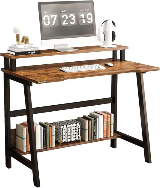 31.5 Inch Small Desk, Small Computer Desk for Small Spaces, Modern Writing Table with Monitor Storage Shelf, Compact Laptop Desk for Home Office and Study, Brown