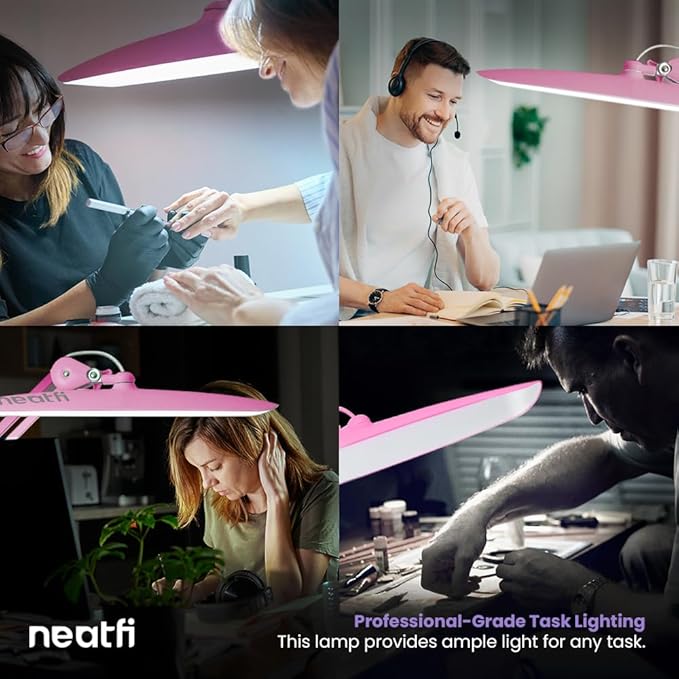 Neatfi XL 2,200 Lumens LED Task Lamp, 24W Super Bright Desk Lamp, 117 Pcs SMD LED, 4 Level Brightness, Dimmable, Task LED Light for Home, Office, Workbench (CCT, Pink)