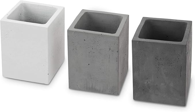 MyGift Modern Gray-Tone Concrete Desktop Pencil Holder Cup and Pen Holder, Office Stationery Organizer, Set of 3