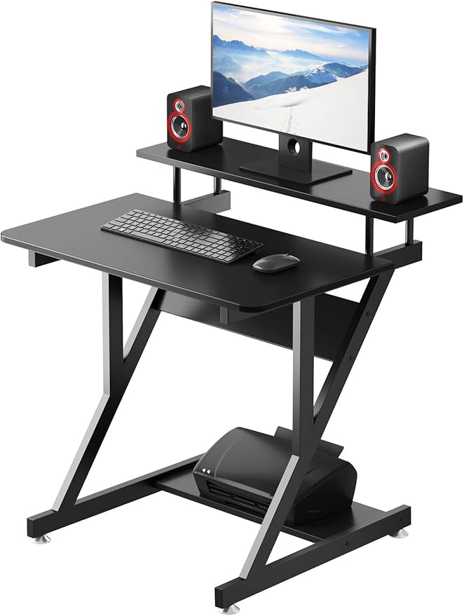 Dripex Computer Desk for Small Spaces, 27.5 inch Small Computer Desk, 3 Tier Compact Desk with Monitor Shelf and Bottom Storage Shelves, Space Saving Desk, Black