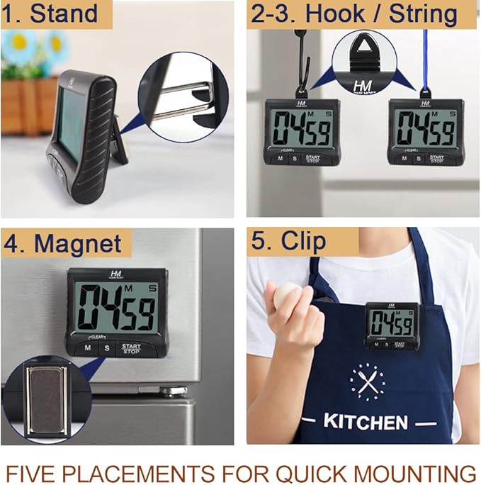 3" Large Display Kitchen Timer - Digital Timer Magnetic Back Loud Alarm On A Rope- Black Cooking Timers For Kitchen Teachers Students Games Kids Meetings - Sports Timer For Workouts Exercise