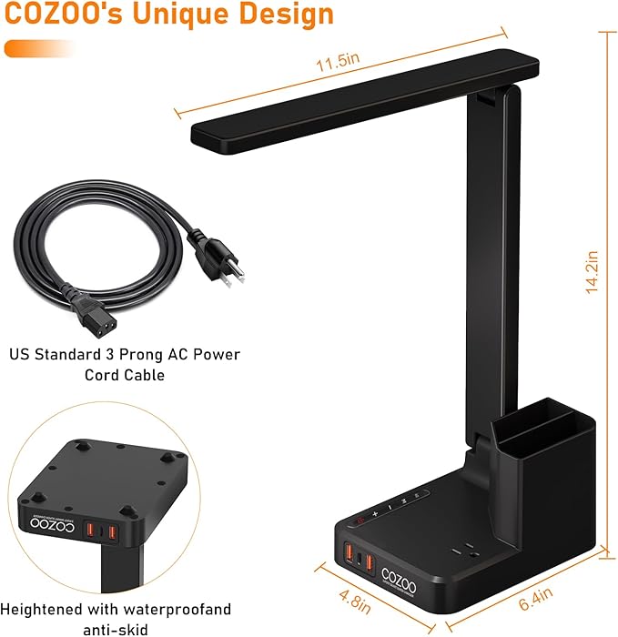 COZOO LED Desk Lamp with 3 USB Charging Ports,1 AC Outlet,2 Pen Holders,3 Color Temperatures 3 Brightness LevelsTouch/Memory/Timer Function,10W Eye Protection Foldable Reading Light,College Study Lamp