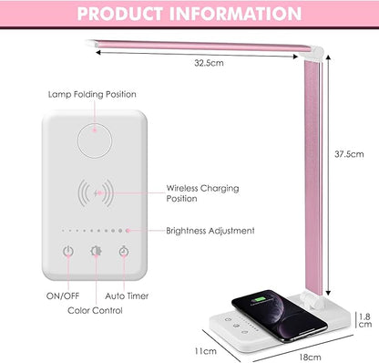 LED Desk Lamp with Wireless Charger, USB Charging Port, Desk Lighting with 10 Brightness, 5 Color Modes, Dimmable Eye Caring Reading Desk Lamps for Home Office, Touch Control, Auto Timer, Pink