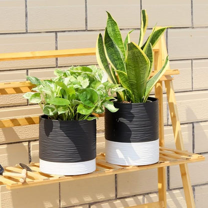 Nihow Self Watering Plant Pot: 6 Inch Ceramic Planter with Drainage Hole & Water Storage Plus for Indoor & Outdoor Plants - Cylinder Round Flower Pot for Succulent/Herbs/Violets - Black & White