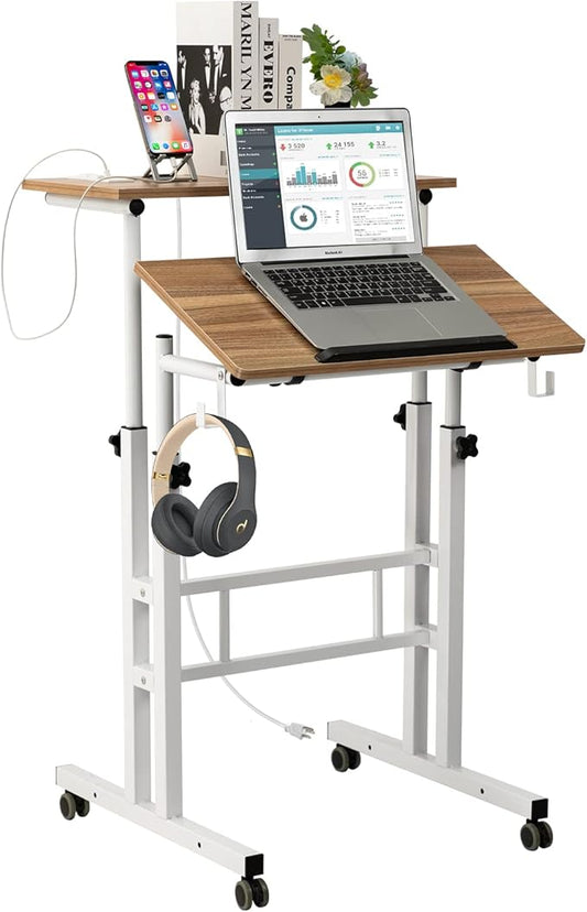 SIDUCAL Mobile Stand Up Desk, Adjustable Laptop Desk with Wheels, Home Office Workstation with USB Ports and Outlets, Rolling Desk Laptop Cart for Standing or Sitting, Vintage Oak