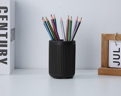 Aesthetic Concrete Pen Holder for Desk - Sturdy Charcoal Black Modern Handmade Fluted Cement Pencil Holder for Desk- Cute Striped Pen Cup Organizer - Minimalist Modern Office Decor - 1 PC