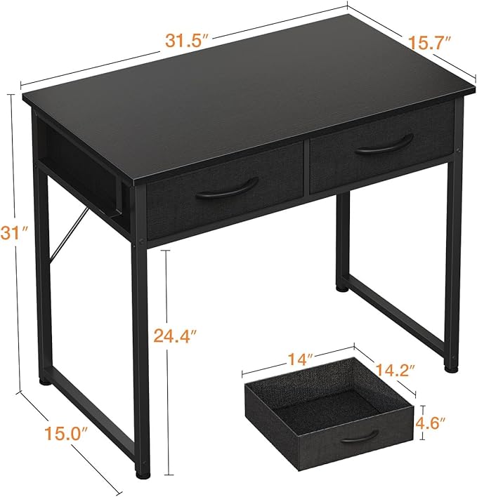 ODK Small Desk with Fabric Drawers- for Bedroom, White Study Desk with Storage, Home Office Computer Desk for Small Spaces, 32 Inch Modern Work Writing Kids Table, Black