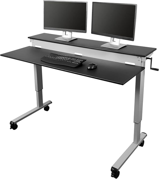 S STAND UP DESK STORE Crank Adjustable 2-Tier Standing Desk with Heavy Duty Steel Frame (Silver Frame/Black Top, 60 inch Wide)