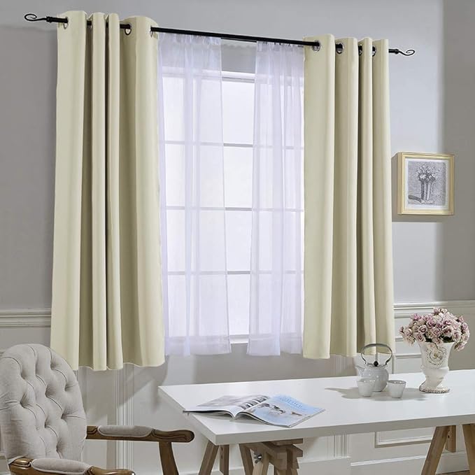 NICETOWN Half Window Curtains for Bedroom - Silver Grommet Modern Thermal Insulated Home Decor Window Coverings for Nursery/Flat, Beige, W52 x L54, Set of 2