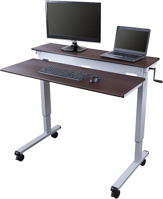 S STAND UP DESK STORE Crank Adjustable Tier Standing Desk with Heavy Duty Steel Frame (Silver Frame/Dark Walnut Top, 48in Wide)