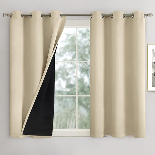 Short Blackout Curtains 54 Inch Length 2 Panels, 100% Light Blocking Thermal Insulated Soundproof Grommet Small Window Curtains for Bedroom Basement with Black Liner, Each 42 Inch Wide, Beige