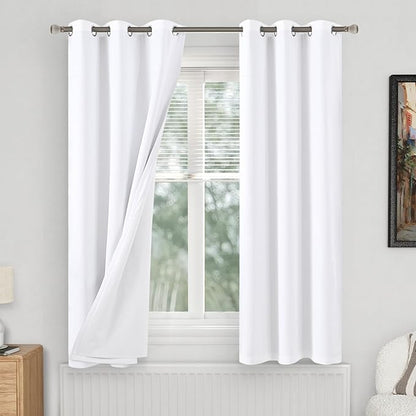 White Blackout Curtains for Bedroom 63 Inch Length 2 Panels Set, 100% Light Blocking Thermal Insulated Soundproof Grommet Curtains with Thick White Liner for Narrow Window, Each 38 Inch Wide