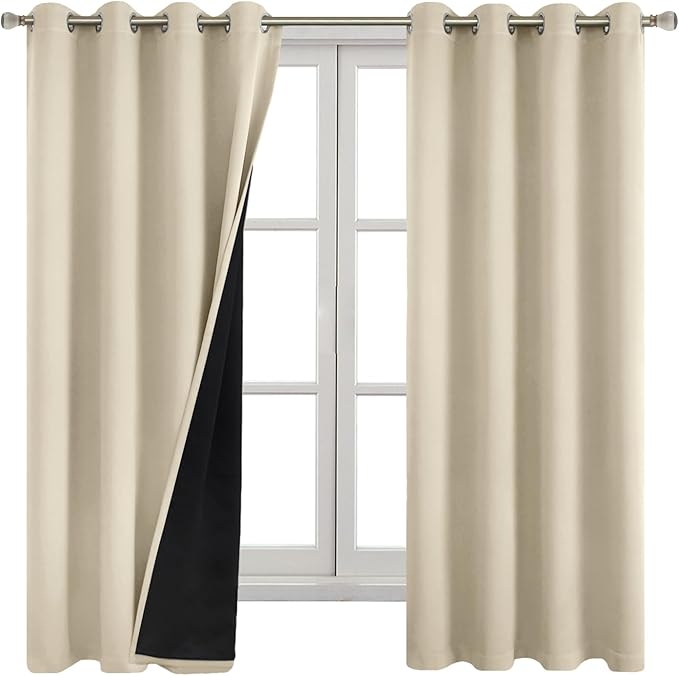 Beige Blackout Curtains for Bedroom 63 Inch Length 2 Panels Set, Thermal Insulated 100% Light Blocking Soundproof Grommet Window Curtains for Living Room with Black Liner, Each 52 Inch Wide