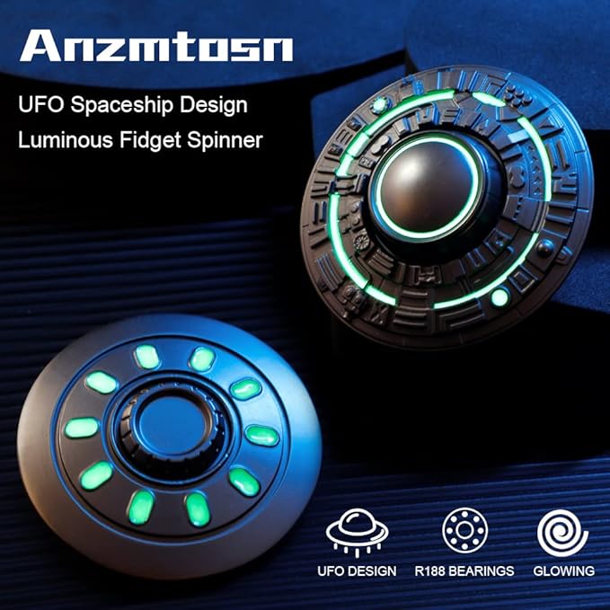 Cool Spaceship Fidget Spinners Metal, UFO Model Finger Hand Spinner, Stress Desk Fidget Toys Gift for Kids & Adults, Luminous Night Effects, Exclusive Desk Spinning Top Prizes