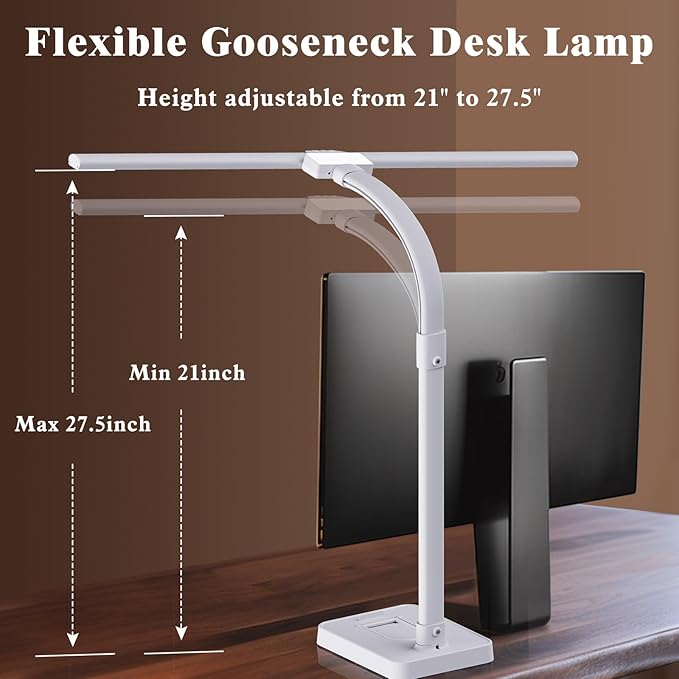 LED Desk Lamp for Home Office, 24W Bright Desk Lamp with Phone Holder Base - 25 Lighting Modes Eye-Caring Desk Light Adjustable Gooseneck Lamp for Workbench Drafting Reading Study-White