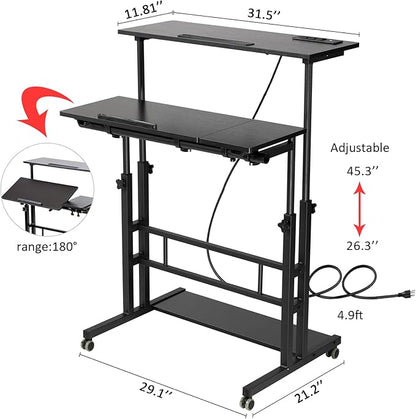 Hadulcet Stand Up Desk, Rolling Desk Adjustable Height, Mobile Standing Desk with Wheels & Charging Station, Portable Desk for Laptop, Rolling Computer Cart TV Tray, Small Standing Desk Drawing Desk