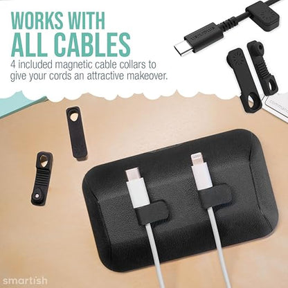 Smartish Magnetic Cord Holder - Bigger Cable Wrangler Organizer with Magnet Clips for Charger Management on Desktop, Nightstand, or Side Table - Holds 6+ Cables - Black Tie Affair