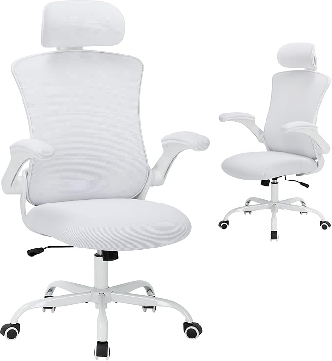 Ergonomic Mesh Office Chair, High Back Executive Desk Chair with Adjustable Headrest and Lumbar Support, Flip-Up Arms, Rocking, Swivel Rolling Computer Mesh Chair for Home Office-White